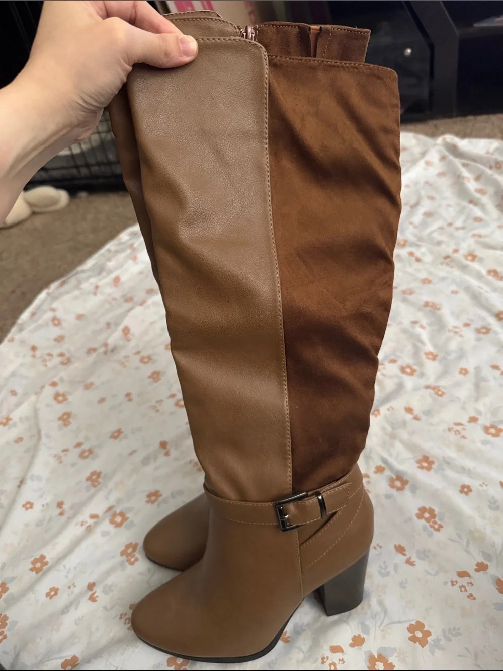 Women's Tall Two-Tone Brown Block Heel Boots